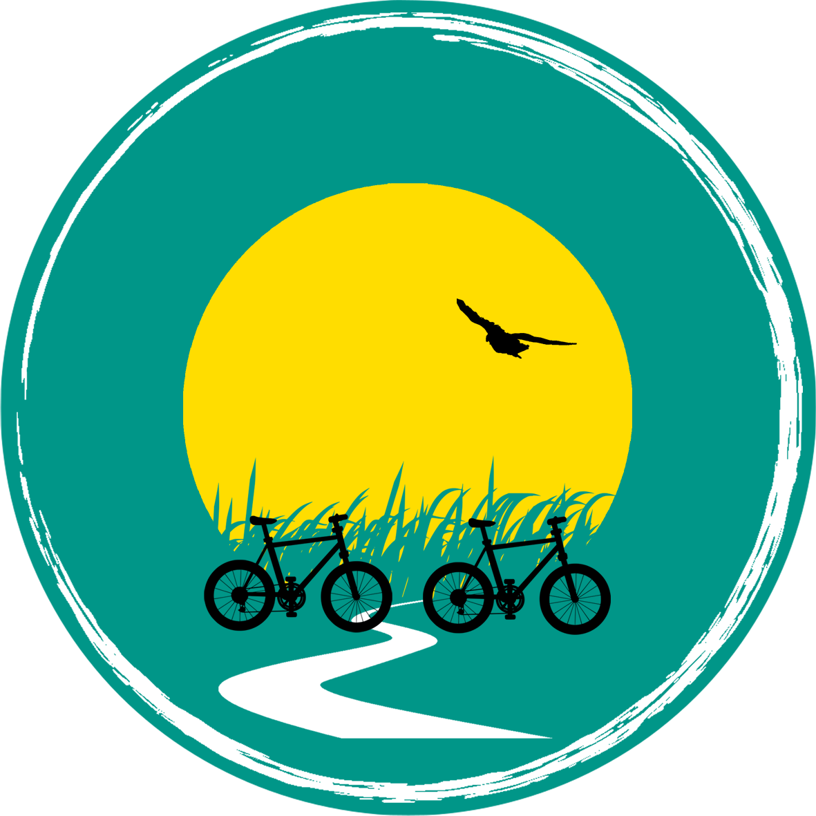 Logo freitreten: Zwei Fahrräder vor gelber Sonne